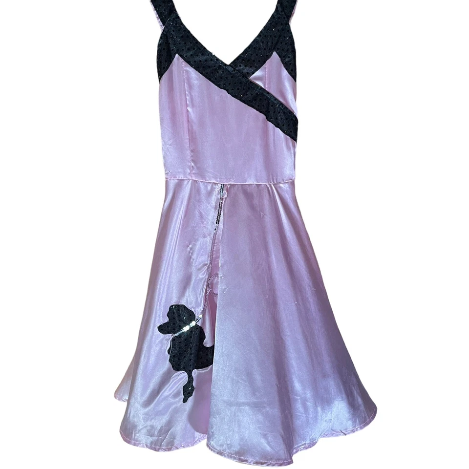 Vestido Caniche Satinado Rosa Años 50 Encogido de hombros Niñas Talla M Calcetín Hop Falda Disfraz de Halloween Foto 2 de 4