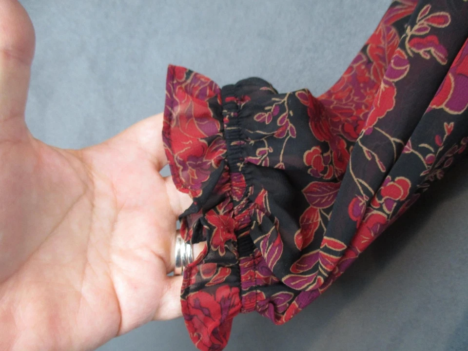 Blusa Anne Klein Mujer 3X Negra Roja Floral Volantes Cuello Manga Larga Top Transparente Foto 3 de 4