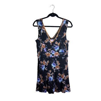 Three Pink Hearts Floral Mini Dress Black Rust Boho XL