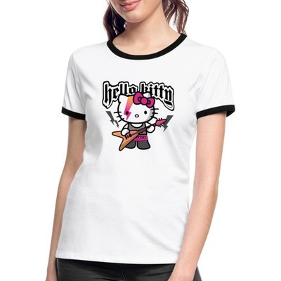 Hello Kitty E-Gitarre Rock Style Frauen Kontrast T-Shirt