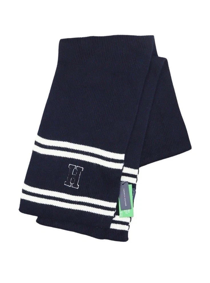 $65 Tommy Hilfiger Varsity Patch Ribbed Knit Unisex Scarf 69" x 10.5" Navy Color