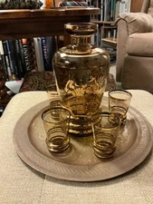Middle Eastern Style Glass Carafe and 5 Matching Small Glasses