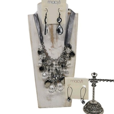 Alfani Necklace Waterfall Fringe Dangling Crystals Beaded Ribbon Earring Lot SET