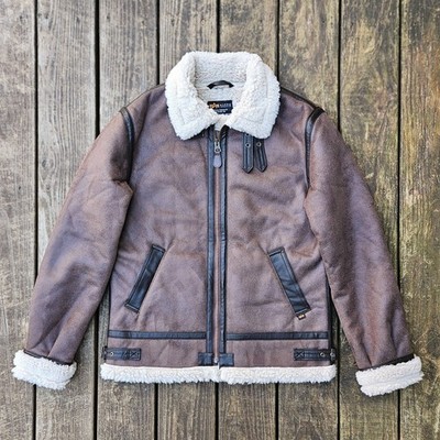 ALPHA INDUSTRIES B-3 Sheepskin Shearling Bomber Jacket Brown Size Small $350