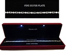 DANECRAFT FINE SILVER PLATE CZ CRYSTALS TENNIS BRACELET IN LIGHTED BOX -7.25"