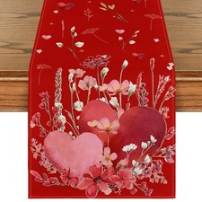 Red Love Hearts Floral Table Runner 210 GSM Valentine's Day 13x72 Wedding Dining