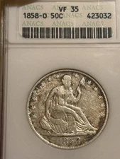 1858 O Seated Liberty Half Dollar In A Old Soapbox Anacs Holder Vf35
