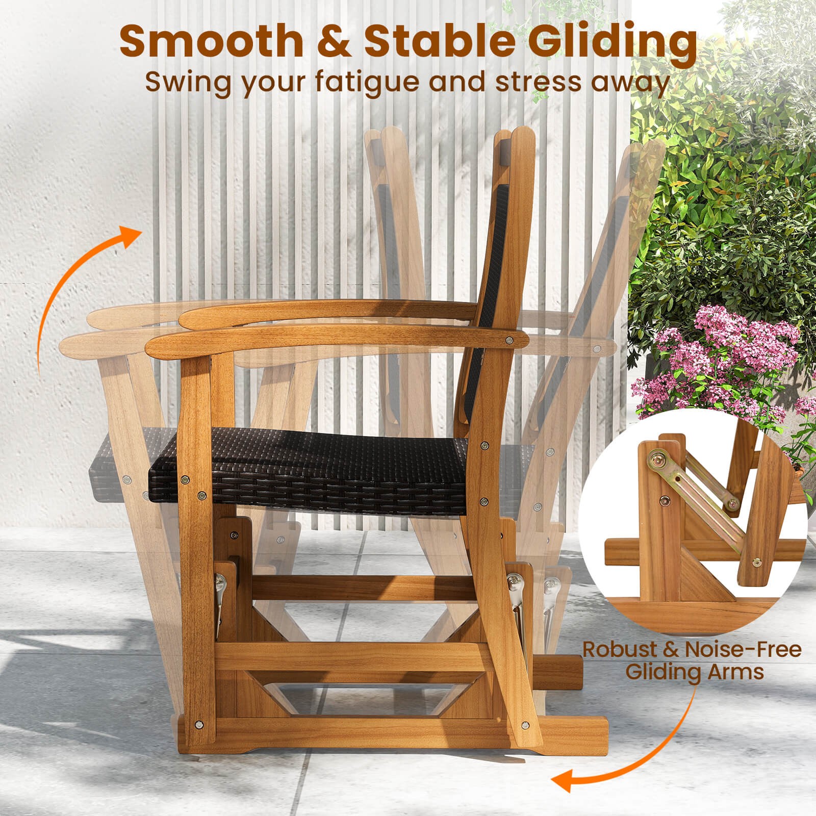 Patio Rattan Glider Chair w/Acacia Wood Frame & Wicker Seat Back Curved Armrests