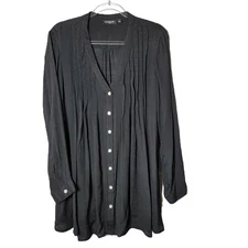 Notations Black Top Plus Size 2X Long Sleeve V-Neck Button Up Semi Sheer