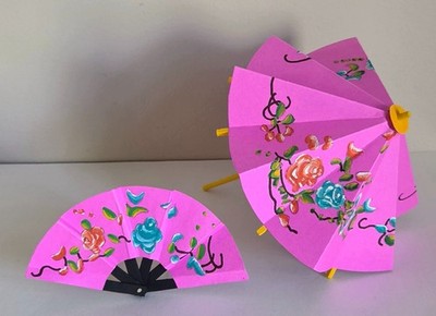 Small Asian Paper Fan with Small Umbrella-Handmade and Hand-Painted