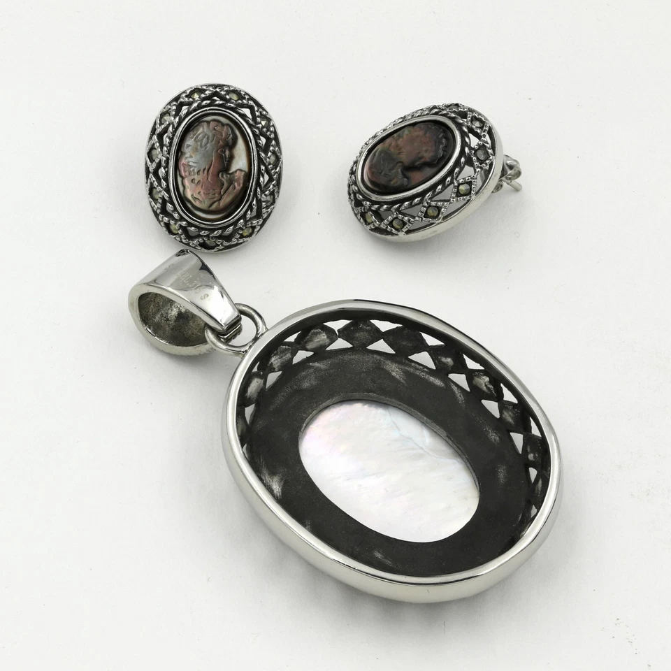 Colgante y pendientes de marcasita camafeo abulón acero inoxidable 316 Foto 3 de 4