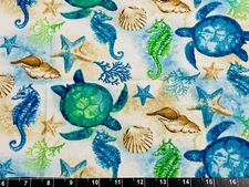 Tina Scrap 9"x21" Turtle Fish Blue Water Ocean Seahorse Shell Sea FABRIC COTTON