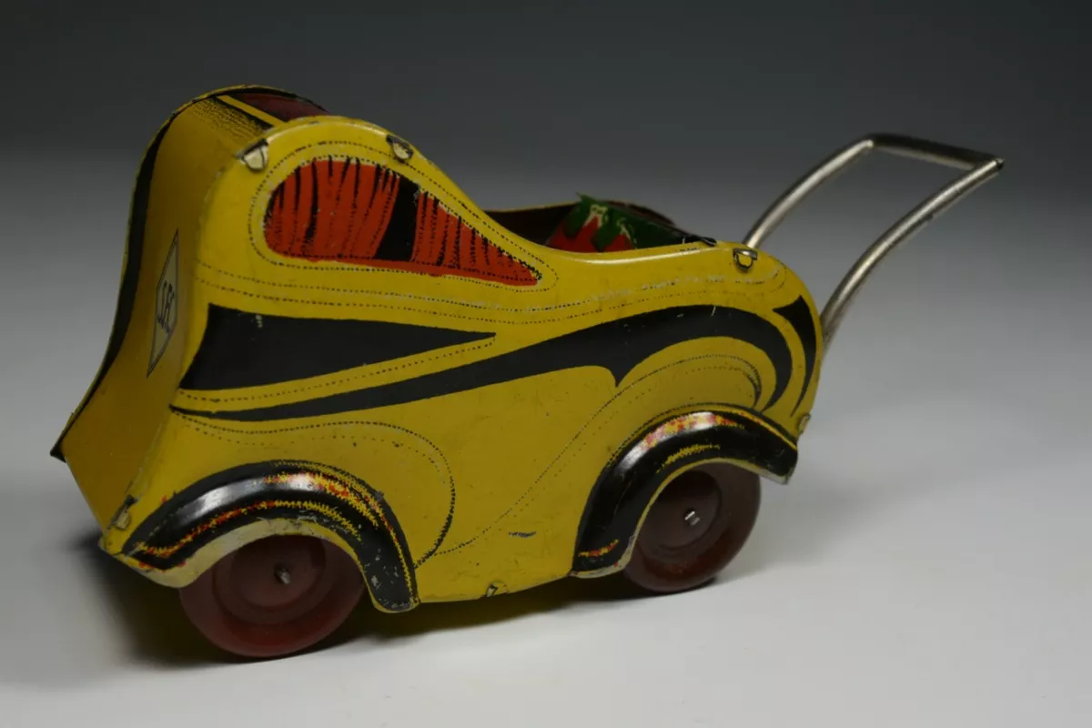 Vintage Tin Toy Baby Pram Futurist Art Deco Futuristic Stroller