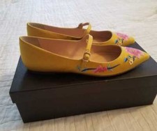 NEW WOMEN'S 8 8.5 J CREW MARY JANE FLATS IN EMBROIDERED SATIN YELLOW FLOWERS