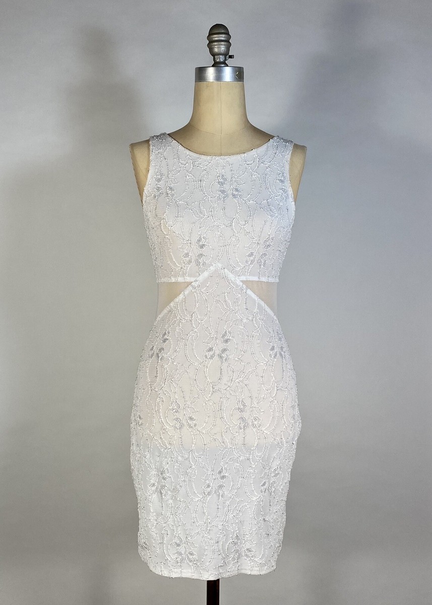 Vintage 1990's bodycon white LACE & silver metallic threads dress w/mesh  panels | eBay