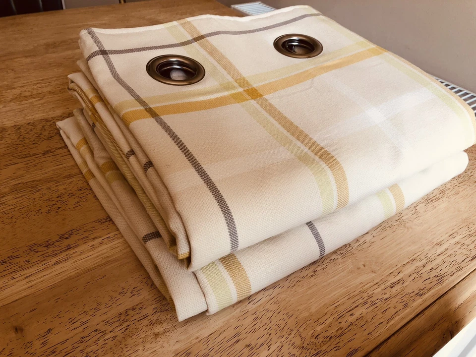 NEXT home yellow Eyelet Curtains check width 53"each panel by 72" drop - Image 4 of 4