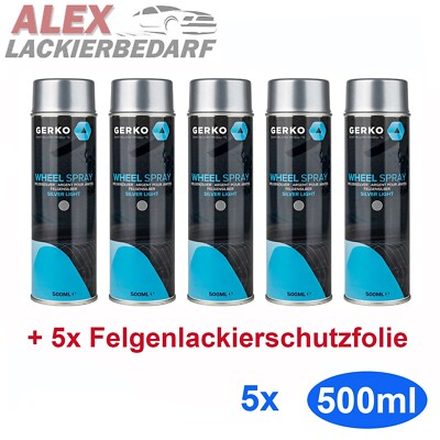 5x GERKO 1K Acryl Felgensilber 500ml Spraydose Autolack + 5x Felgenschutzfolie