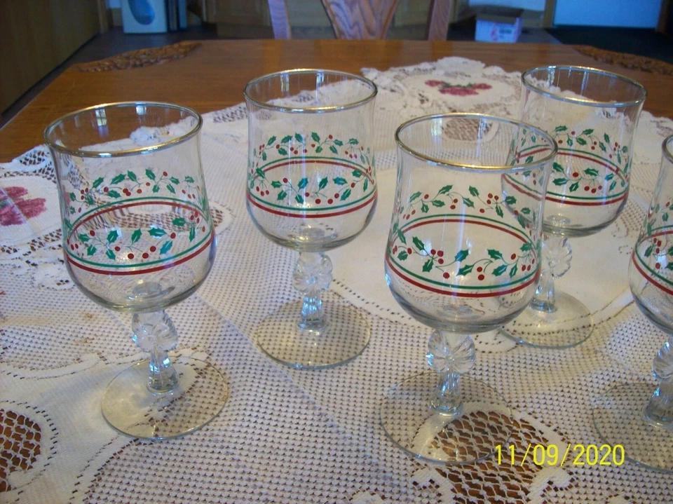 Arby's Libbey 1987 Holly & Berries бант со стержнем стакан винные бокалы набор из 8 - Изображение 4 из 4