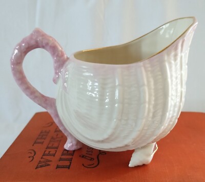 Belleek Neptune Pink and Cream Footed Creamer with Gold Trim 