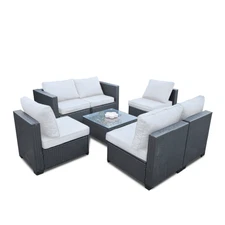 Seven-Piece Sofa Set Table With Sofa Chair Black PE Rattan Outdoor Furniture 7-J