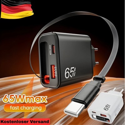 65W USB-C Ladegerät 3in1 PD Schnellladegerät schnellladekabel für Handy & Tablet