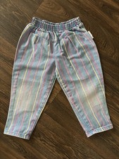 Vtg 90s 5T Pastel Rainbow Stripe Denim Balloon Elastic Waist Joggers Pants USA