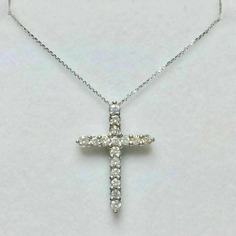 1.00 Ct Round Cut Diamond Cross Pendant W/18" Free Chain 14K White Gold Finish
