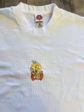 Vintage 90s Looney Tunes Tweety Bird Embroidered White T-Shirt Large USA Made