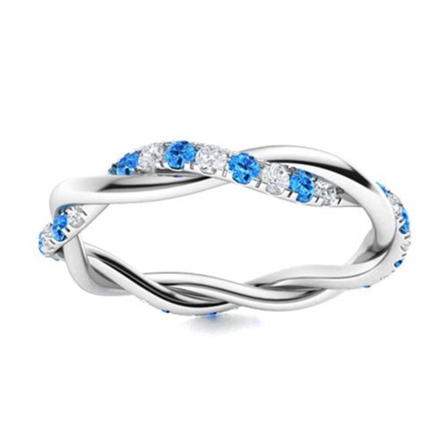 925 Sterling Silver Eternity Round Swiss Blue Topaz Twisted Shank Women Ring