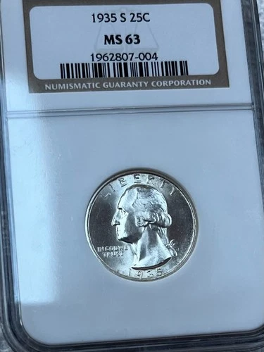 1935 S Washington Quarter Graded MS 63 by NGC - Blast White/Great Luster