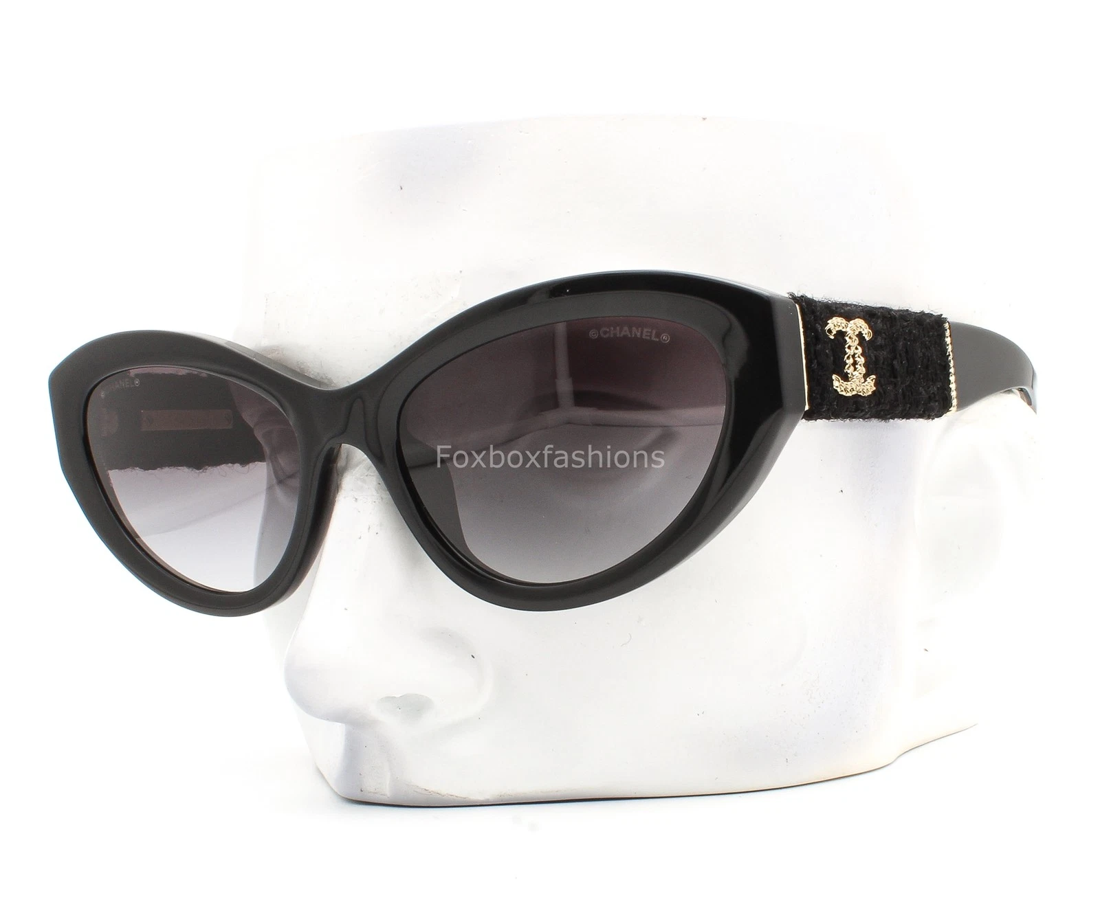 Chanel Sunglasses 5513A 622/S6 Polished Black Tweed Gold CC Logo w/case NWT