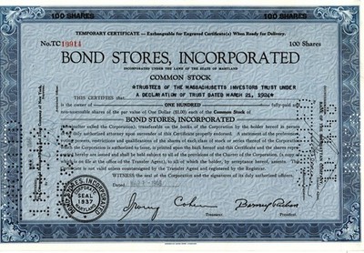 Bond Stores, Inc - Original Stock Certificate - 1946 - TC19914