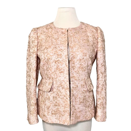 Giacca rossa Valentino testurizzata metallizzata Boucle Peplum rosa brillante marrone IT 44 US 6