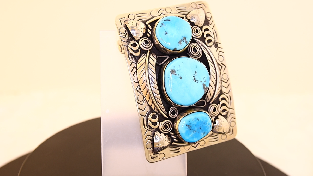 Navajo Belt Buckle .999 Nickel Turquoise Native Artist Signed