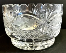Lausitzer Centerpiece Bowl Etched Flowers Leaves Lead Hand Cut Crystal Sawtooth