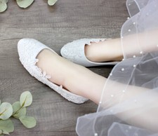 White Ivory Lace Pearl Wedding shoes Women Bridal Shoes flats low high heel pump