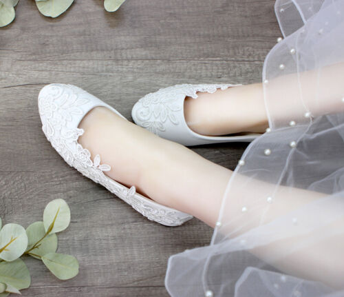 Chaussures de mariage en dentelle blanche ivoire perle chaussures de mariage femmes chaussures plates à talon bas haut pompe - Photo 1 sur 7