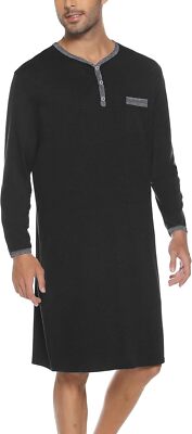 Men Cotton Long Sleeve Sleep Shirt Knee Length Nightshirt with Chest Pocket