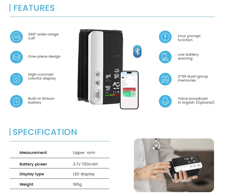 LEPU Upper Arm Blood Pressure Monitor with Bluetooth App Memory for 2 User Profiles - Image 4 of 4