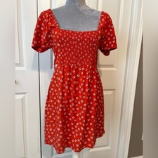 RVCA red ditzy floral Milkmaid mini dress square open neck smocked chest  Sz 14