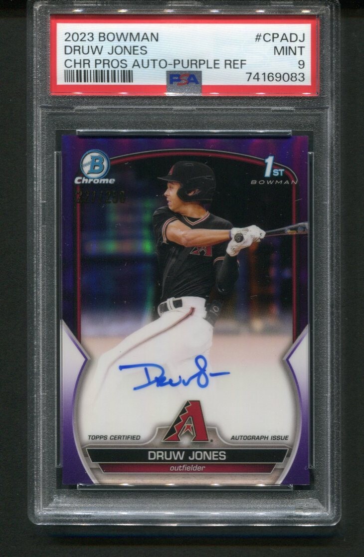 2023 Bowman Chrome Druw Jones Prospects Auto Purple Refractor 227/250 1st PSA 9
