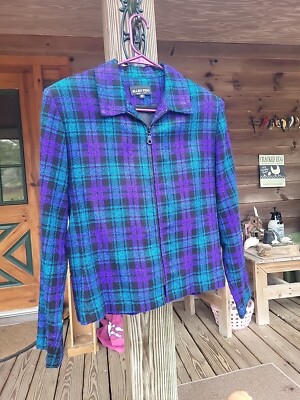 Ellen Figg Front Zip  Blazer Jacket Size 10 Purple Aqua Plaid Lined