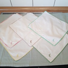 5 x Stofftaschentuch Taschentuch wei&szlig; bunt Stickerei Borte  *Vintage*