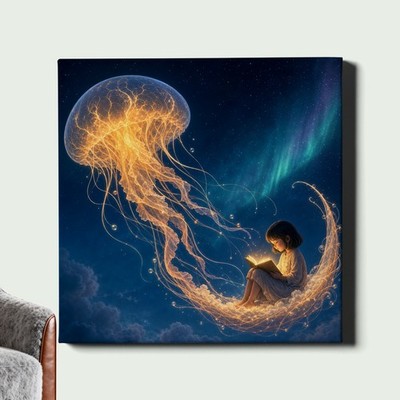 Jellyfish Girl Art Print Reading Fantasy Night Sky Surreal Scene
