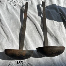 2 Vintage Metal 3” Dipping Ladle Metal Handle Overall 10 1/2” Hangs On Pot