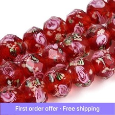 80pcs Flower Faceted Lampwork Glass Beads Handmade Pink Flower Beads Red DIY