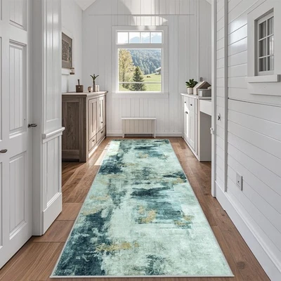 Runner Rug 2'6"x8' Washable Non Slip Rubber Backed - Pet Friendly Indoor Teal - Image 1 of 4