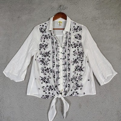 Fig & Flower Top Women's Large White Black Floral Embroidered Sheer Button Front