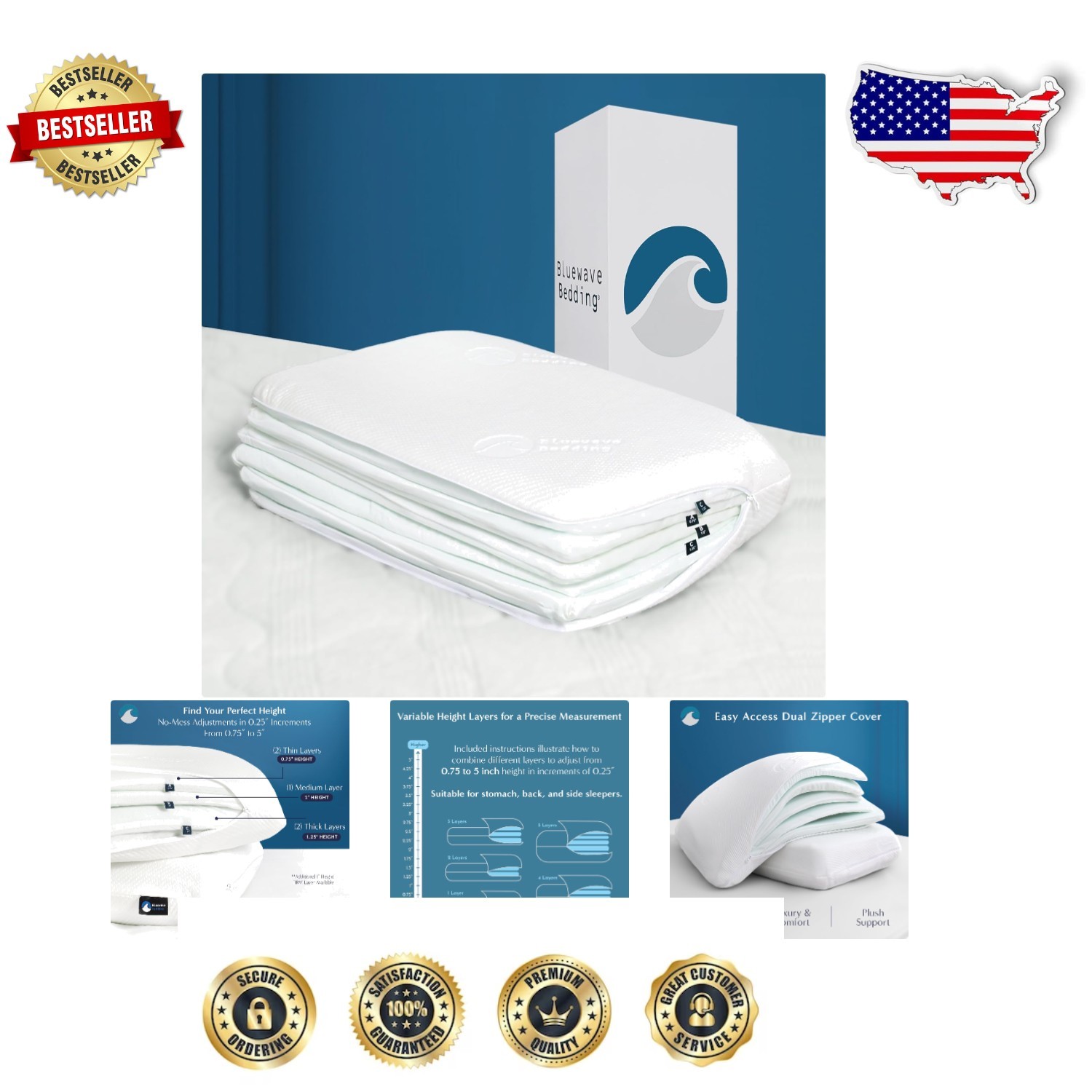 Lump-Free Cooling Memory Foam Pillow with 16 Adjustable Heights for Neck Pain Relief