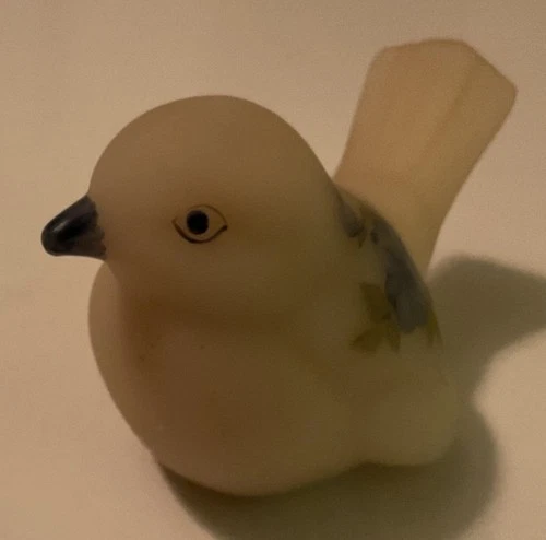 Vtg. Fenton Frosted Uranium Glass Bird W/ Blue Flowers Hand Painted By T. Watson